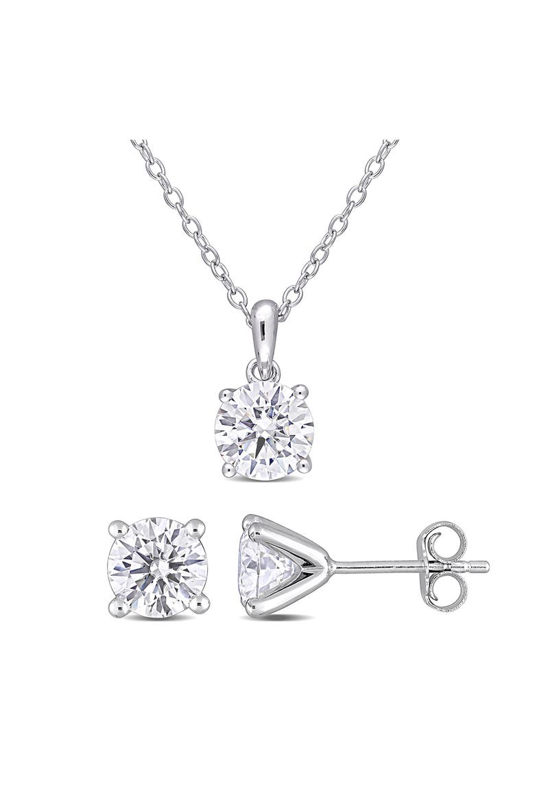 Dew Lab-Grown Moissanite Pendant Necklace & Stud Earrings, Main, color, SILVER