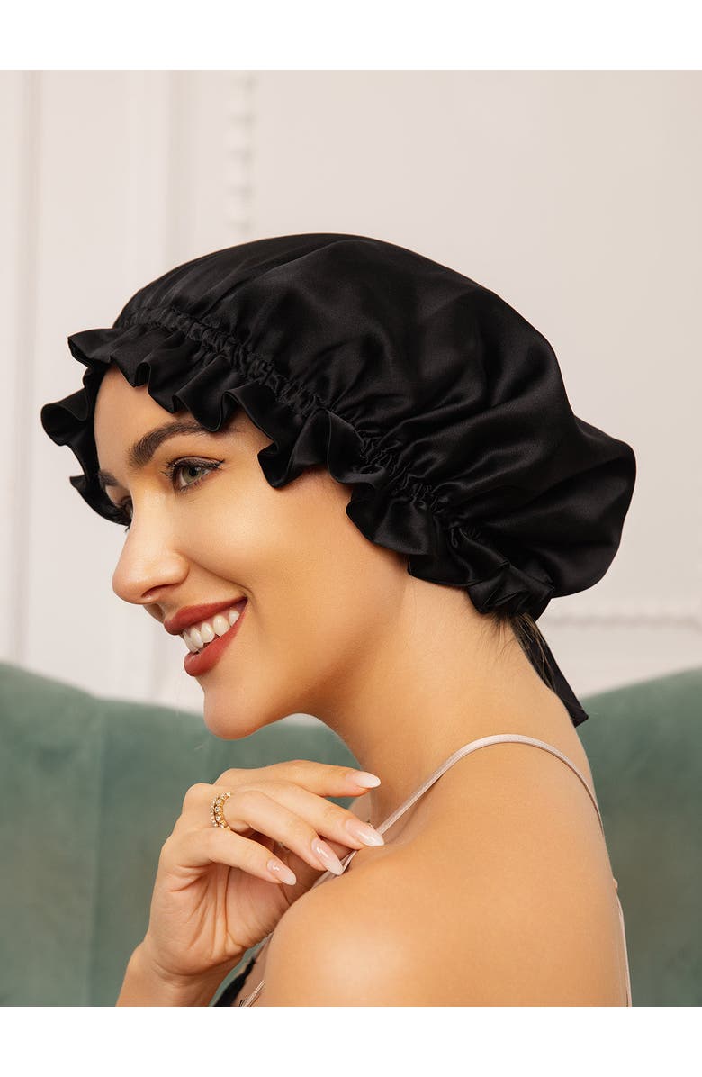 SILKSILKY Pure Silk Double Layer Bonnet with Ribbon, Alternate, color, Black