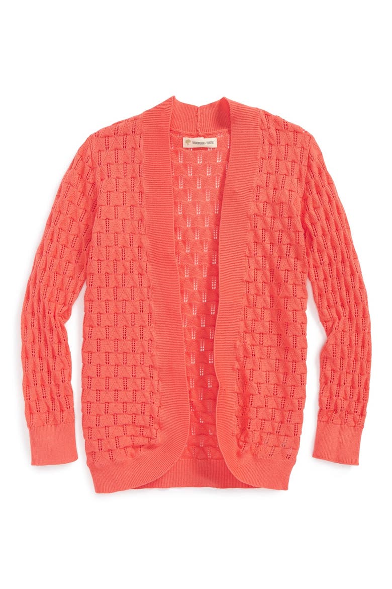 'Flyaway' Pointelle Knit Cardigan, Main, color, CORAL ROSE