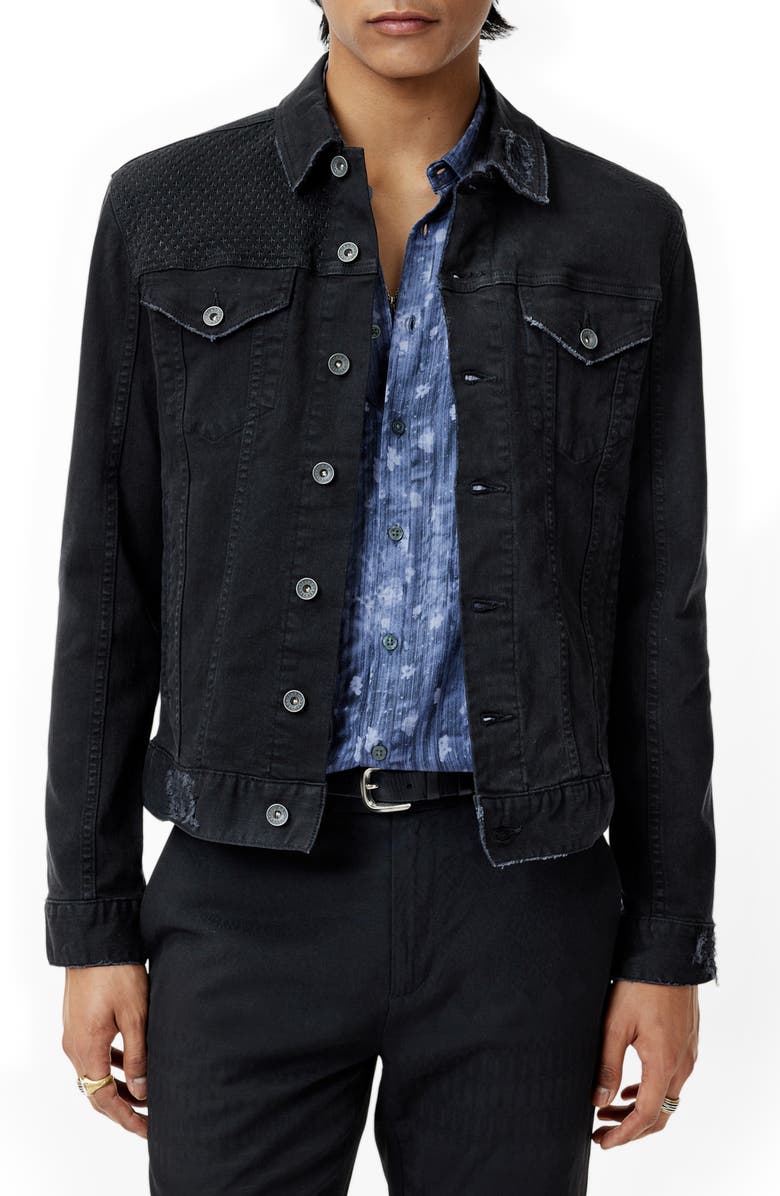 John Varvatos Wes Distressed Stretch Denim Trucker Jacket, Main, color, 