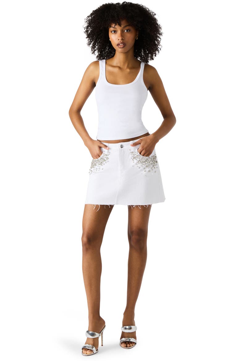 Eras Rhinestone Raw Hem Denim Miniskirt, Alternate, color, WHITE