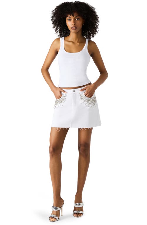 Steve Madden Eras Rhinestone Raw Hem Denim Miniskirt In White