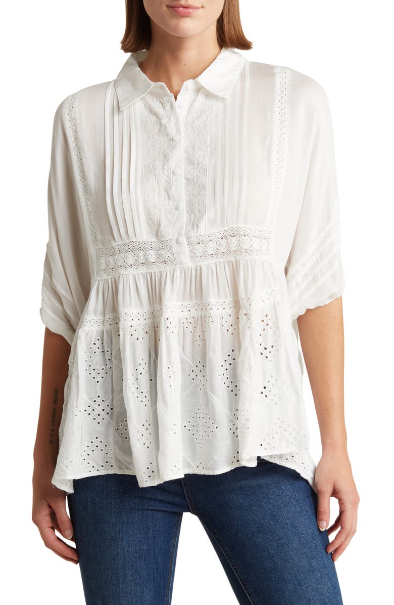LIV LOS ANGELES Mixed Media Eyelet Button-Up Blouse, Main, color,