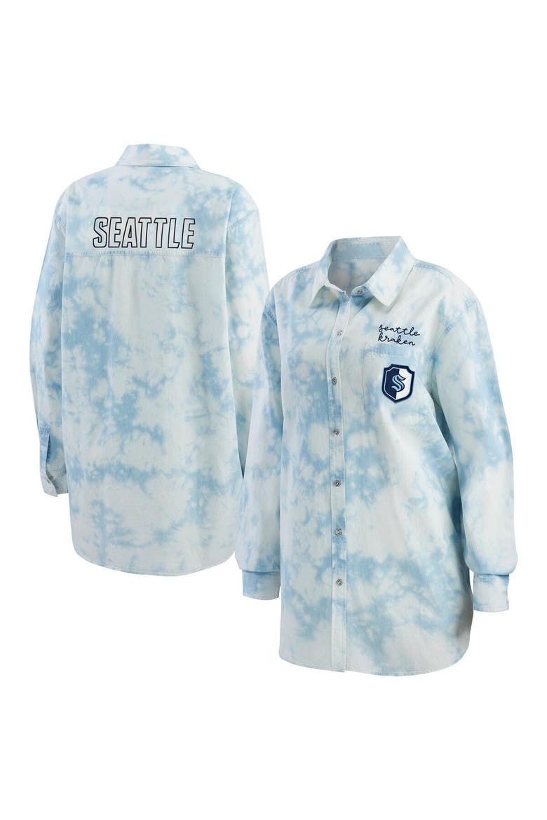 Women's WEAR by Erin Andrews White Seattle Kraken Oversized Tie-Dye Button-Up Denim Shirt, Main, color, White