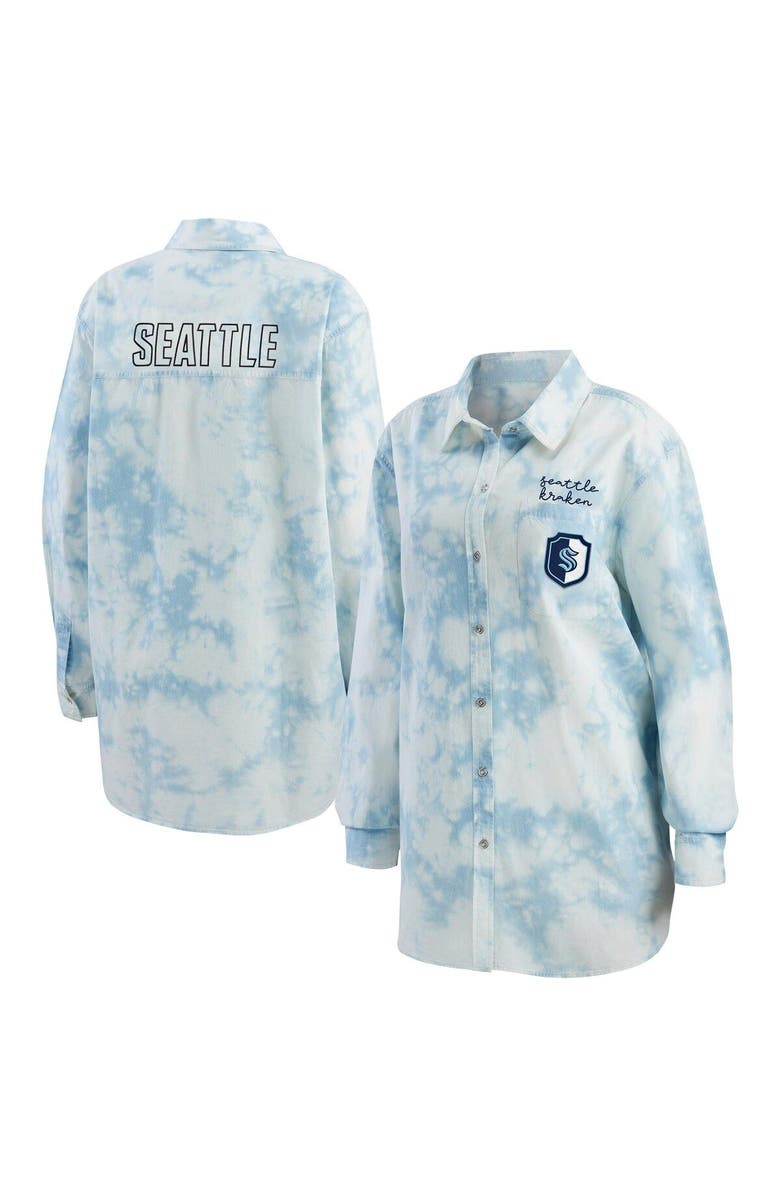 WEAR by Erin Andrews Women's WEAR by Erin Andrews White Seattle Kraken Oversized Tie-Dye Button-Up Denim Shirt, Main, color, White