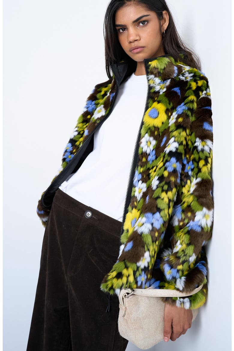 Floral Faux Fur Bomber Jacket, Main, color, GREEN MULTI