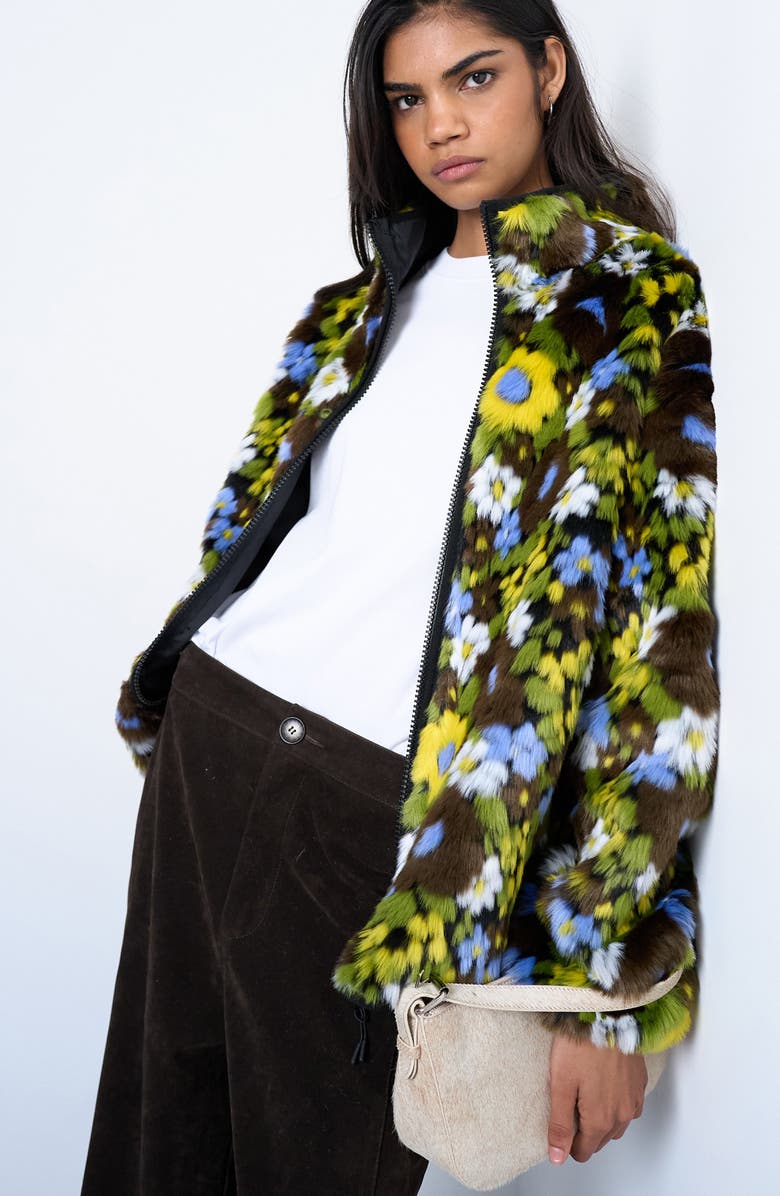Topshop Floral Faux Fur Bomber Jacket, Main, color, Green Multi