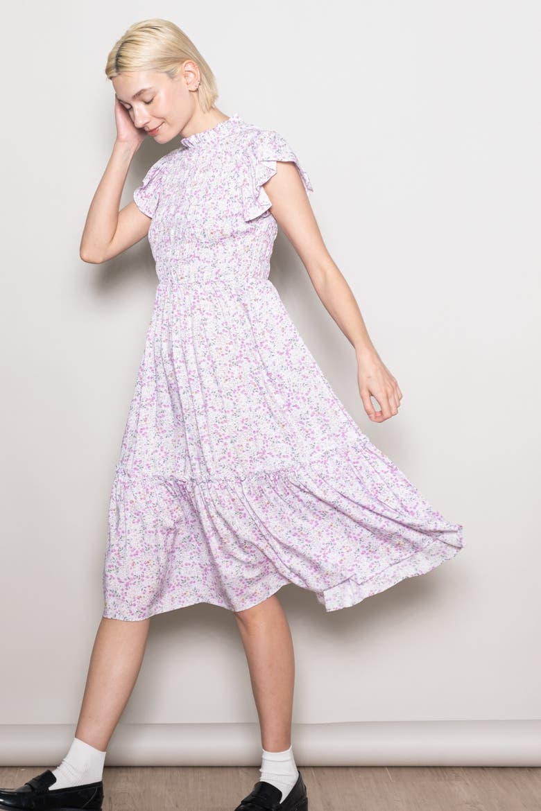 Floral Mock Neck Smocked Ruffe Sleeve Midi Dress, Alternate, color, Pink