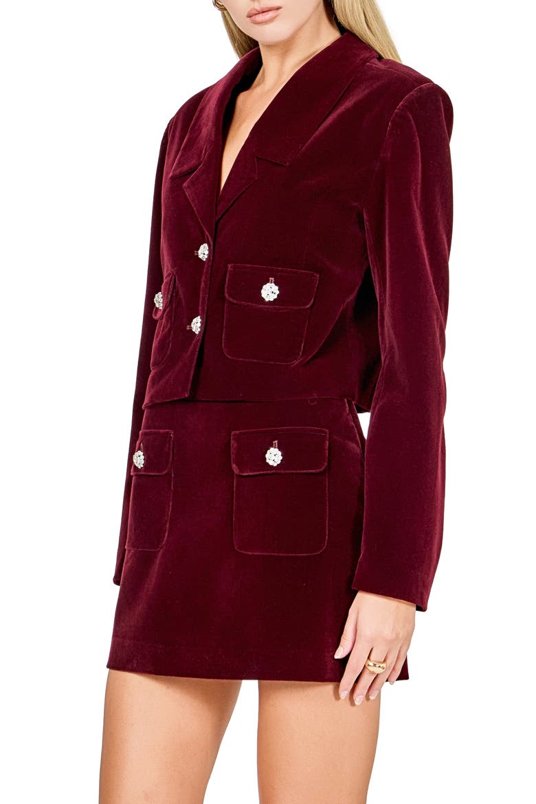 Jeweled Crop Velvet Blazer, Alternate, color, MERLOT