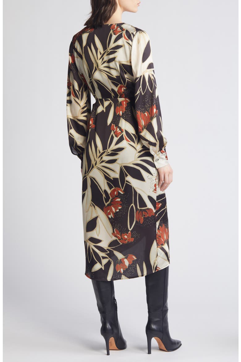 Protea Long Sleeve Satin Wrap Dress, Alternate, color, BLACK MULTI