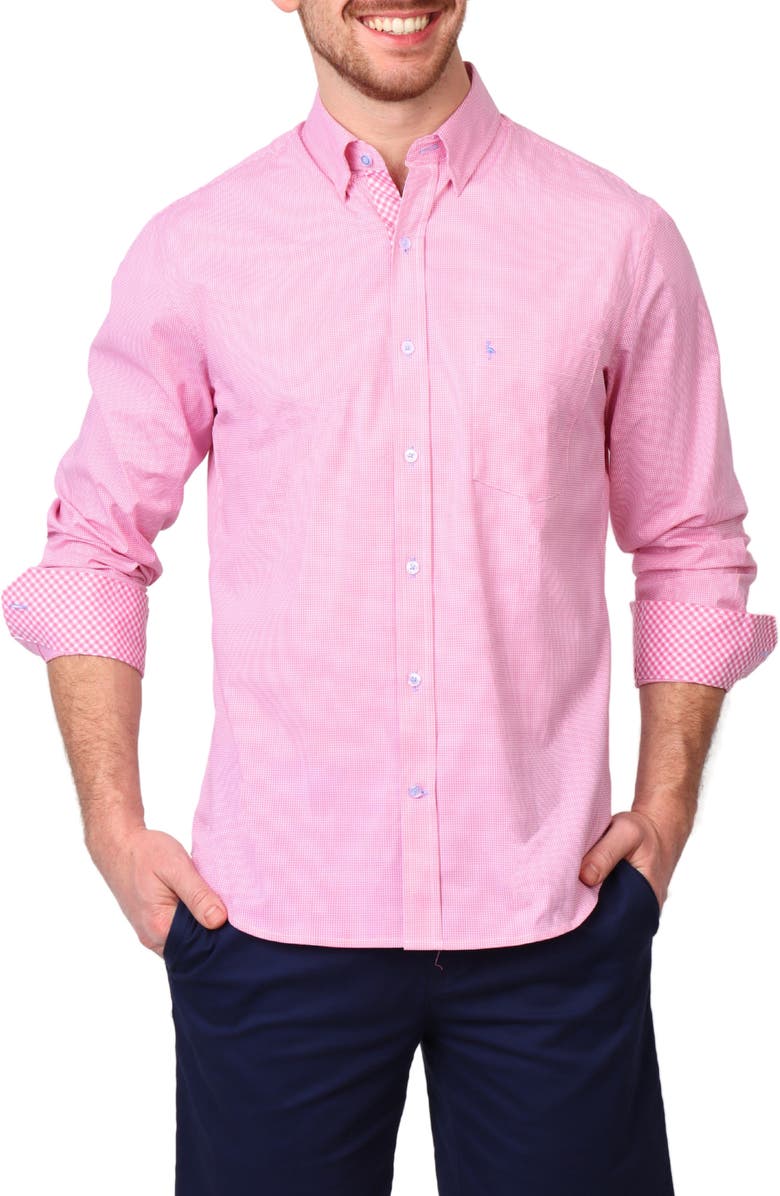 TailorByrd Micro Gingham Stretch Cotton Button-Up Shirt, Main, color, Rose Pink