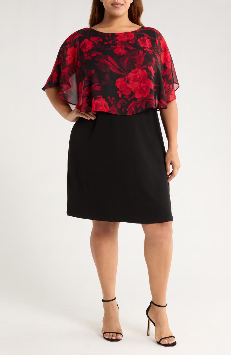 Connected Apparel Floral Cape Bodice Dress, Main, color, Ruby