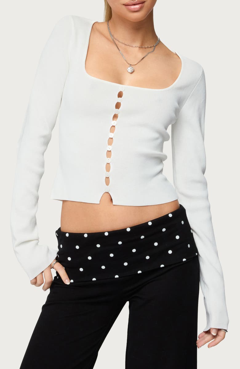 EDIKTED Deane Cutout Button Long Sleeve Crop Top, Main, color, White