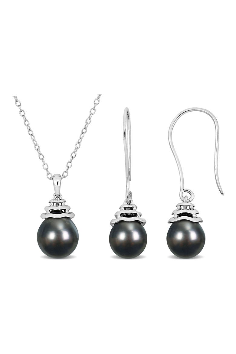 Cultured Freshwater Pearl Pendant Necklace & Drop Earrings Set, Main, color, BLACK