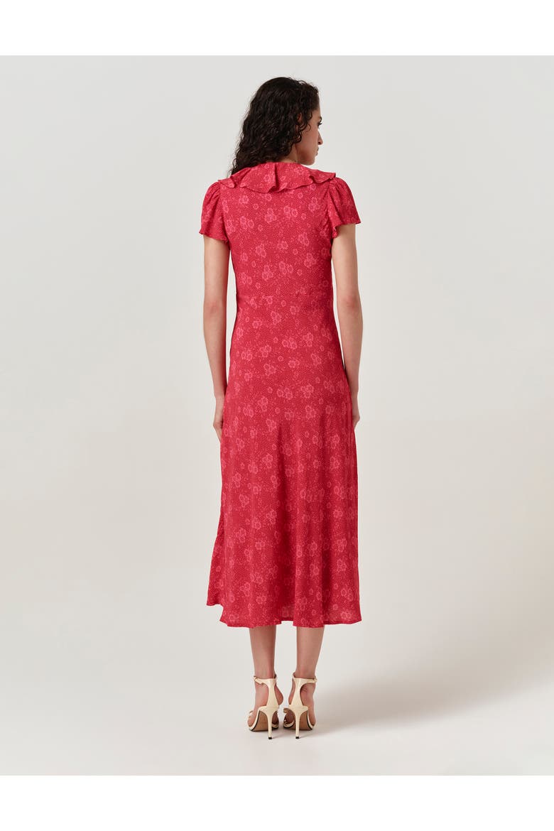Kimmy Floral Frill Neck Crepe Midi Dress, Alternate, color, Pink Dotty Floral