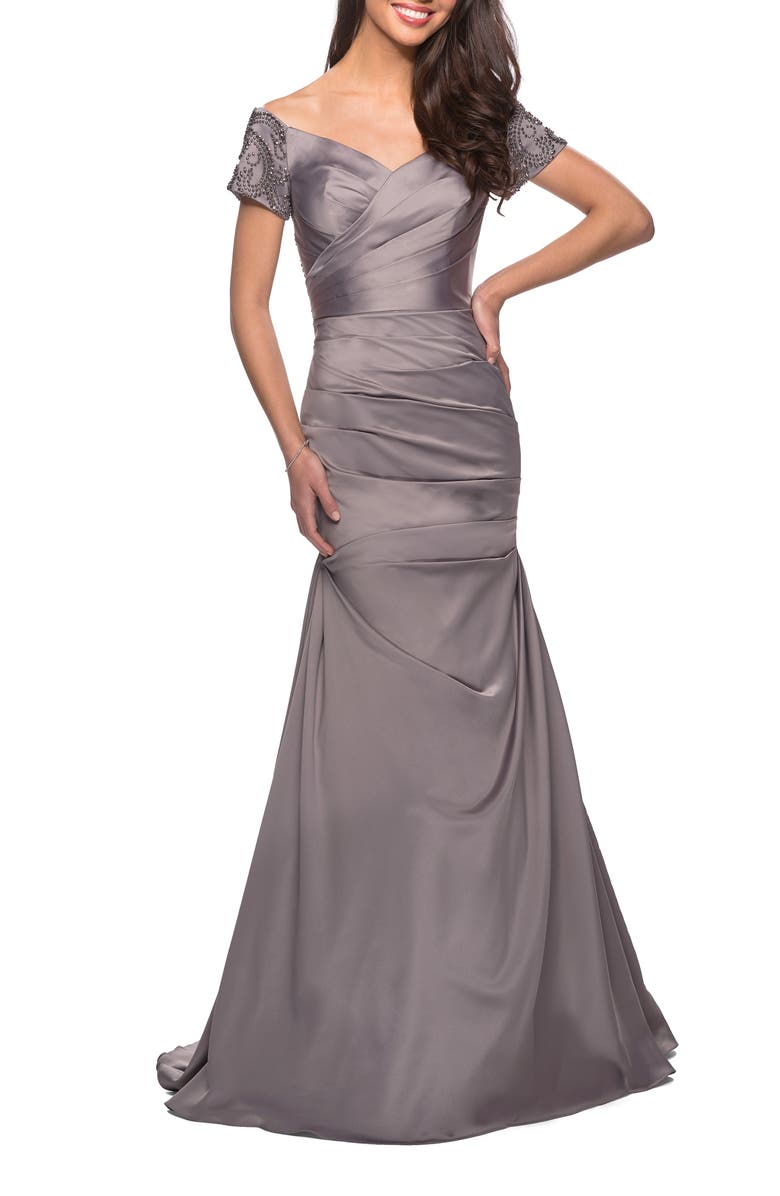 La Femme Satin Off the Shoulder Dress with Beaded Sleeves, Alternate, color, Silver
