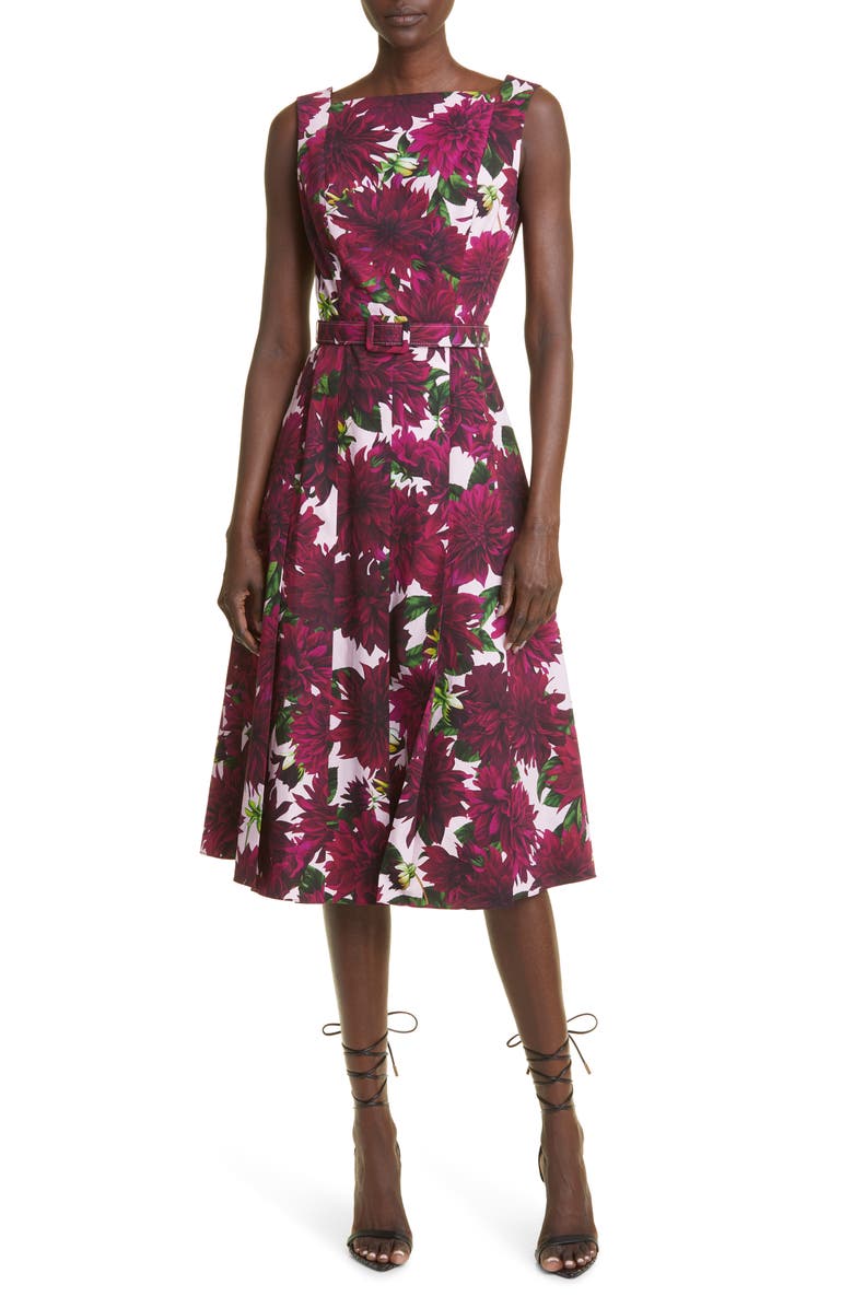 Oscar de la Renta Dahlia Print Stretch Cotton Poplin Belted Dress, Main, color, 