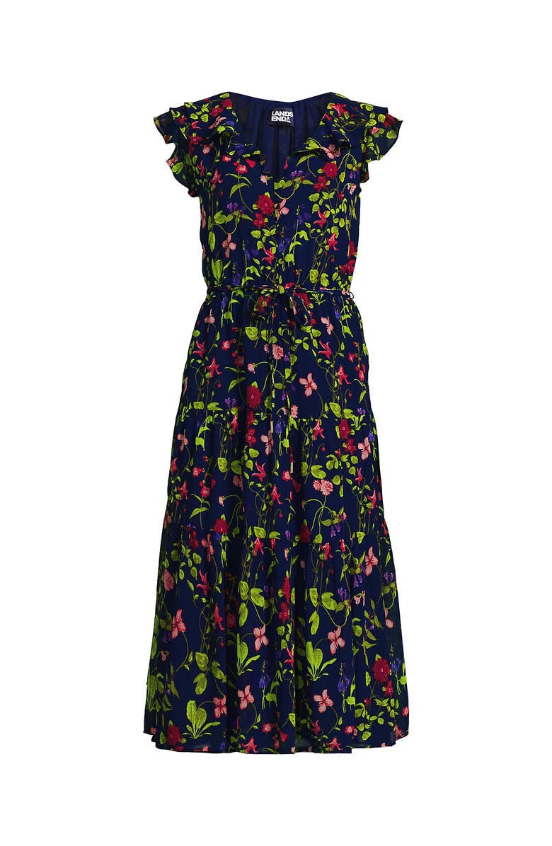Lands' End Ruffle Sleeve Chiffon Tiered Midi Dress, Alternate, color, Deep Sea Multi Garden Floral