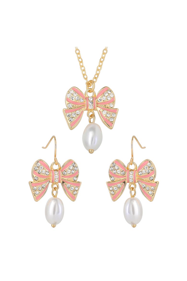 Pearl and Bow Jewelry Set with Necklace and Drop Earrings | Womens Matching 16"+3" Necklace and Dangle Earrings, Faux Pearl and Clear Crystal Embellishments, Yellow Gold-Tone Plated, Main, color, Gold-Tone