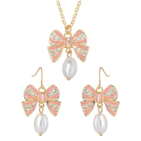 Celebrity Pink Pearl and Bow Jewelry Set with Necklace and Drop Earrings | Womens Matching 16"+3" Necklace and Dangle Earrings, Faux Pearl and Clear Crystal Embellishments, Yellow Gold-Tone Plated