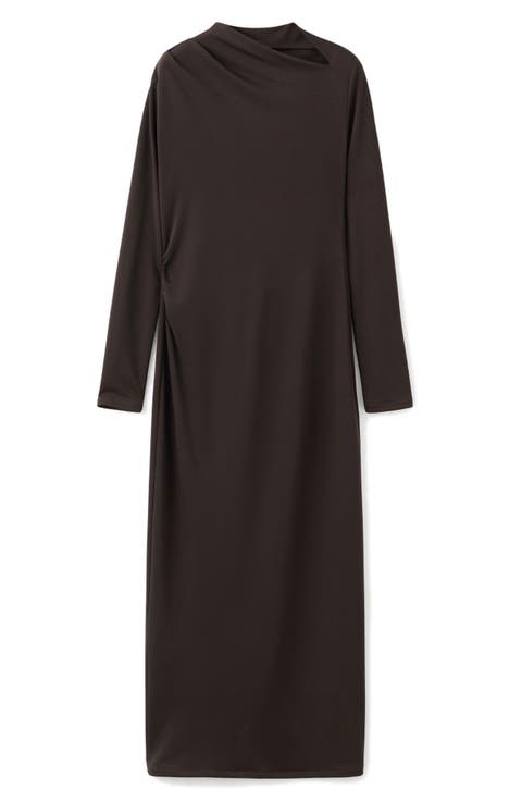 Asymmetric Neck Long Sleeve Dress (Regular & Plus)