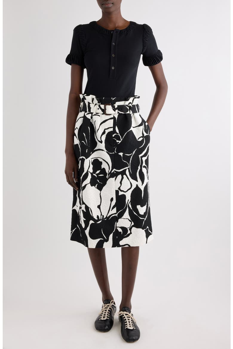 Print Jacquard Belted Paperbag Waist Skirt, Alternate, color, BLACK