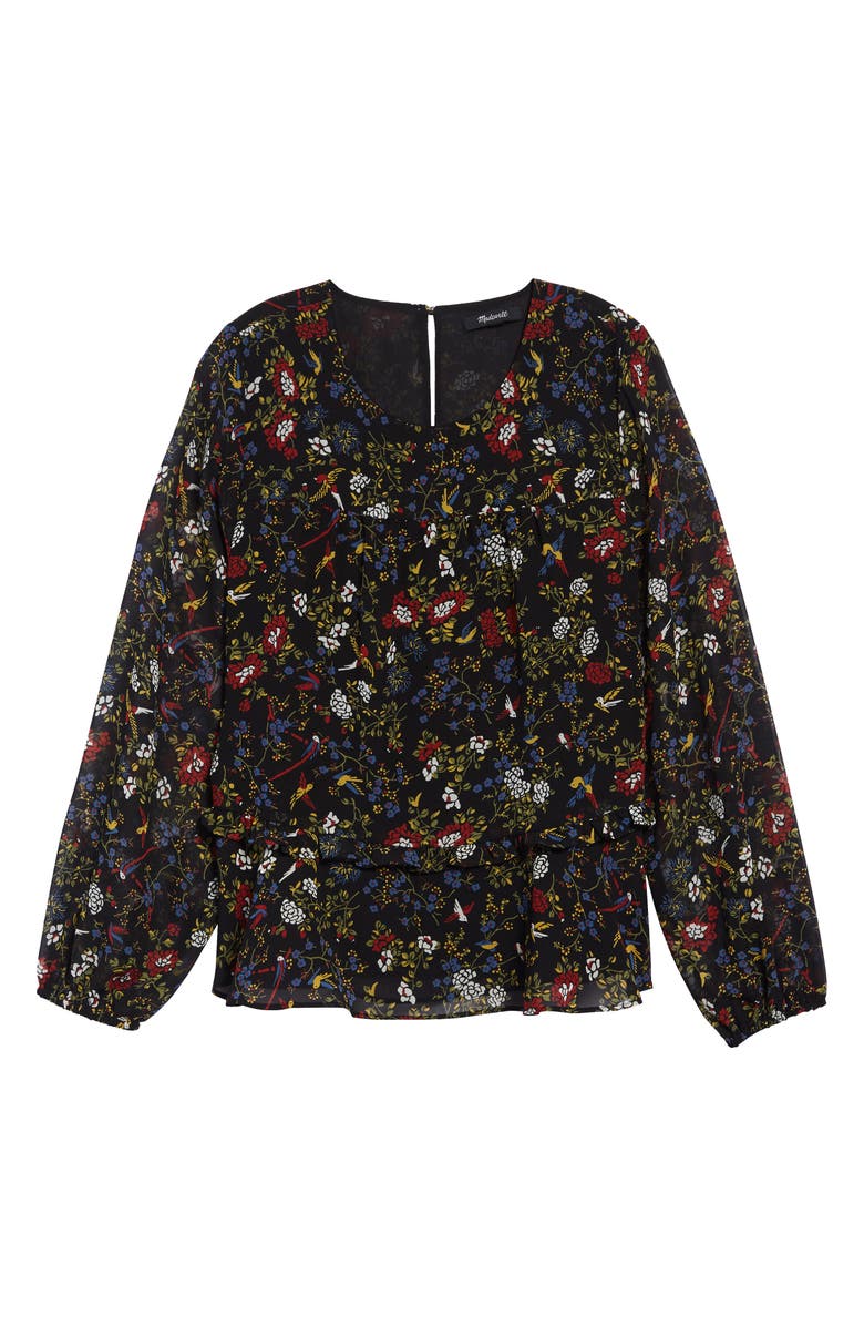 Madewell Finch Floral Sheer Sleeve Ruffle Peplum Top, Alternate, color, 