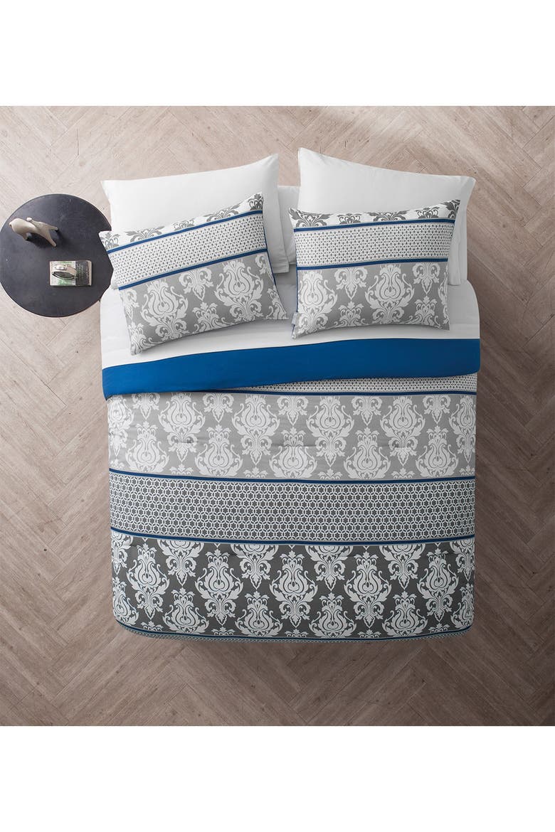 Beckham Blue Damask Bed-in-a-Bag Comforter Set - King, Main, color, BLUE
