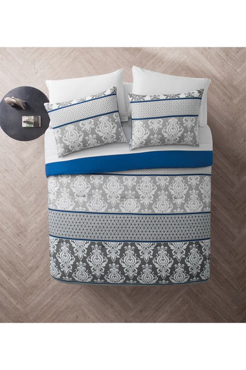 Beckham Blue Damask Bed-in-a-Bag Comforter Set - King