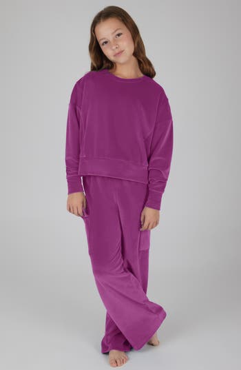 90 Degree By Reflex Kids' Velour Crew Pullover & Wide Leg Pants Set In Purple