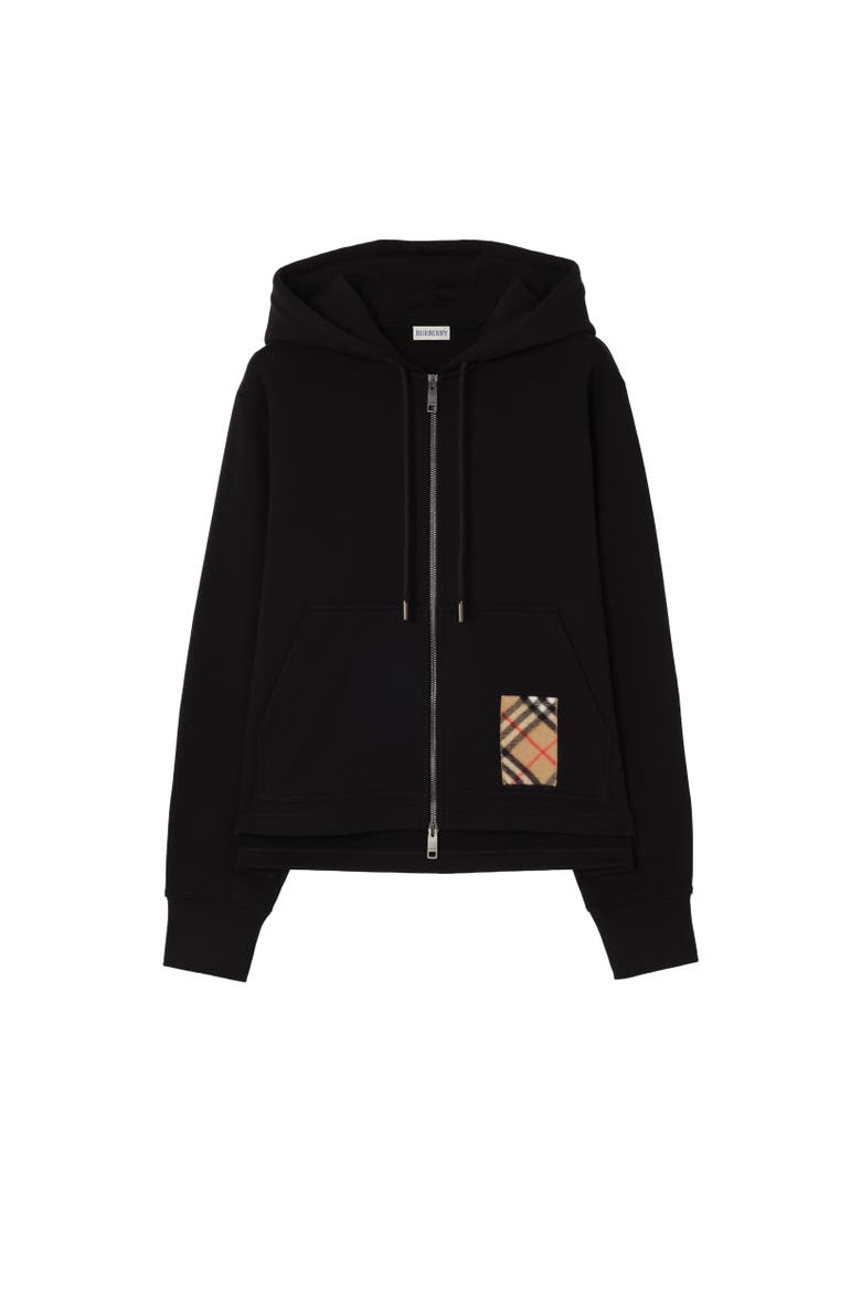 Cashmere Check Patch Cotton Zip Hoodie, Alternate, color, Black