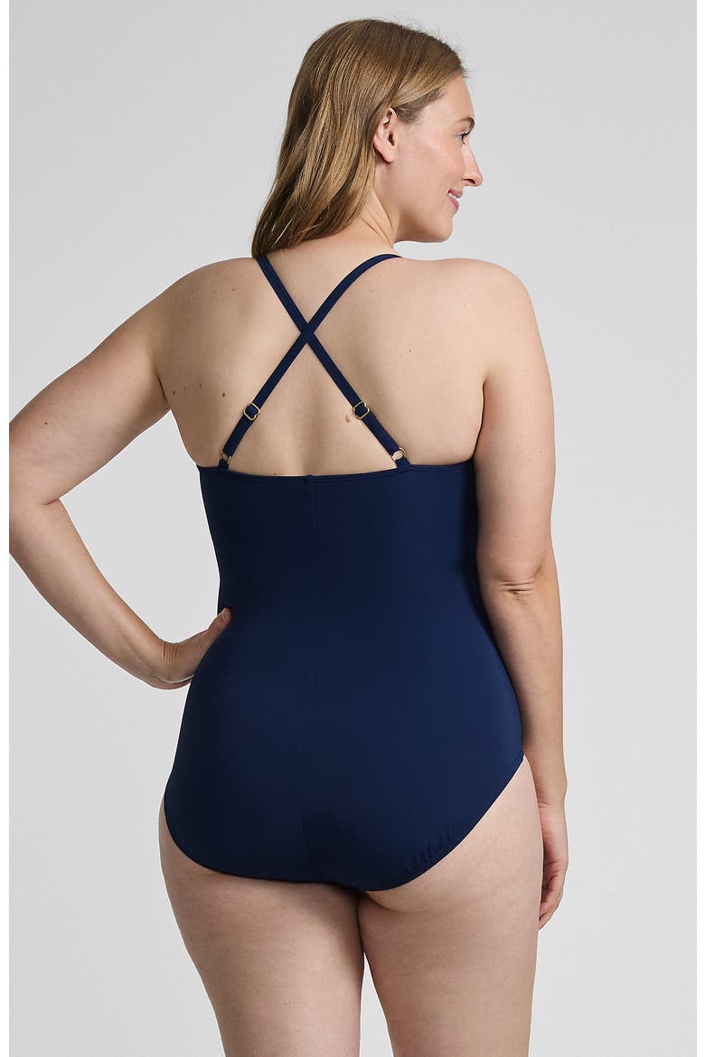 Plus Size Slender Suit Pleated Low Leg One Piece Swimsuit, Alternate, color, Deep Sea Navy Mini Stripe
