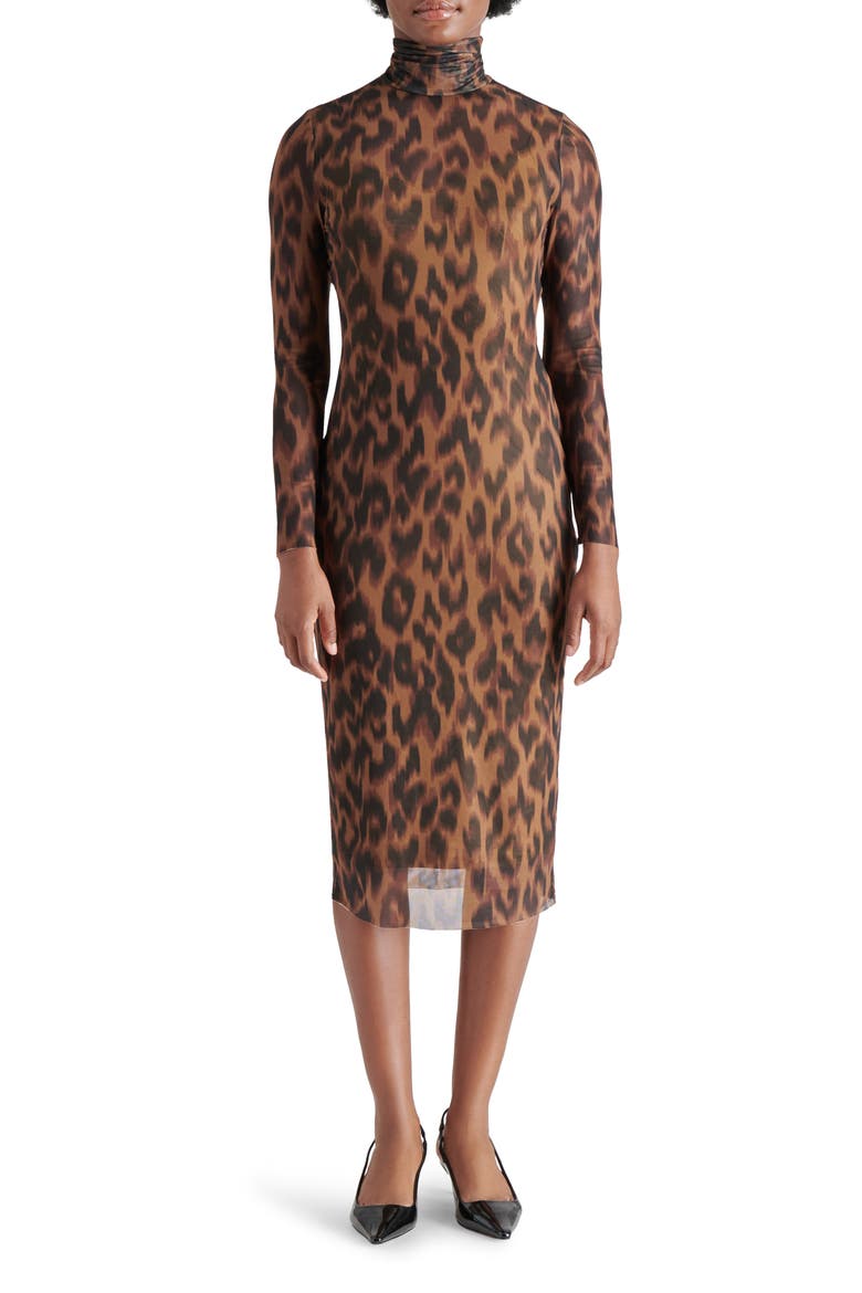 Vivienne Static Leopard Print Long Sleeve Mesh Midi Dress, Main, color, TOFFEE