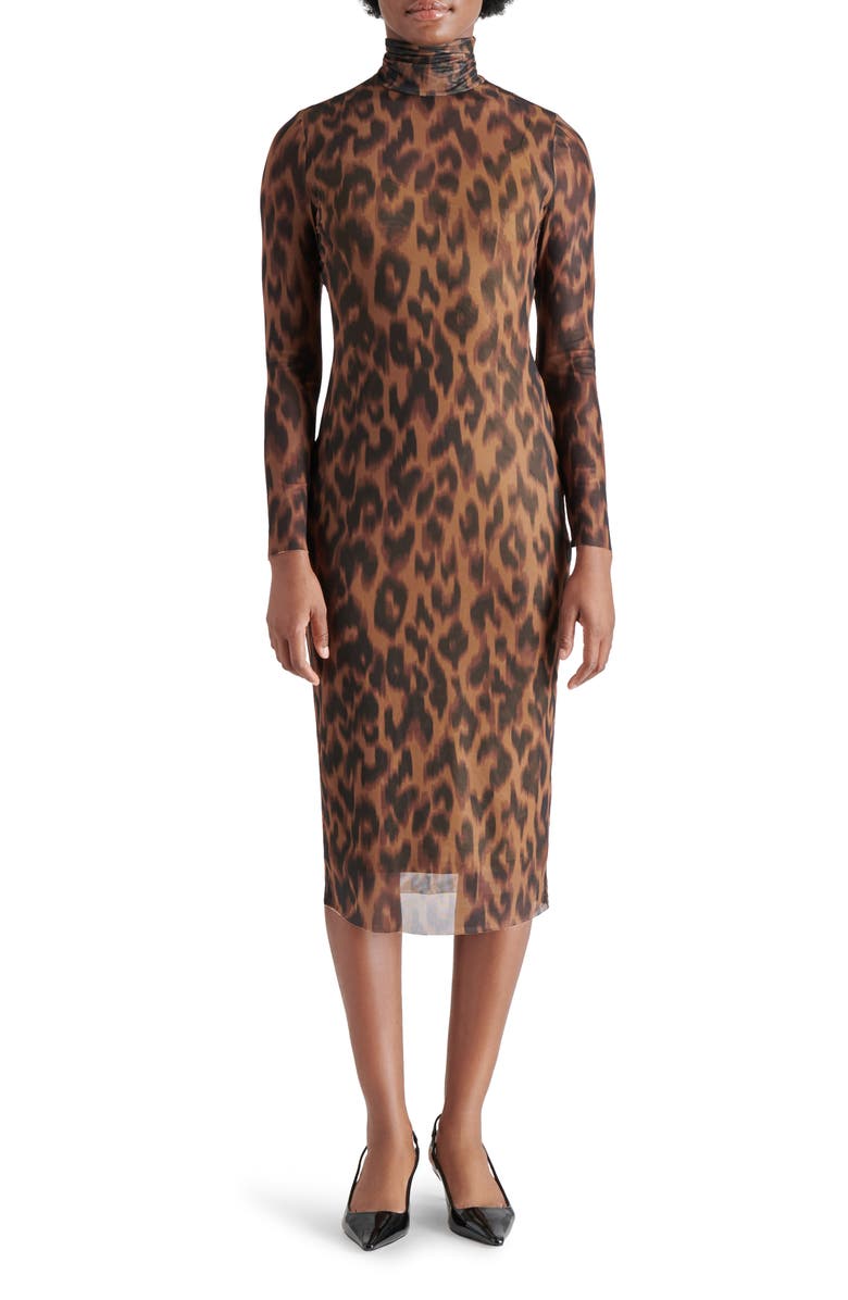 Steve Madden Vivienne Static Leopard Print Long Sleeve Mesh Midi Dress, Main, color, 
