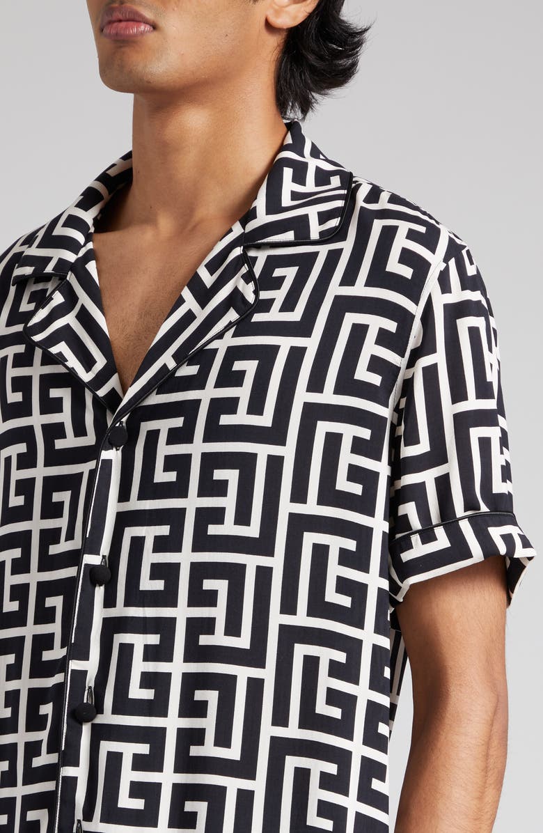Balmain Macro Monogram Short Sleeve Pajama Shirt, Alternate, color, Ivory/ Black