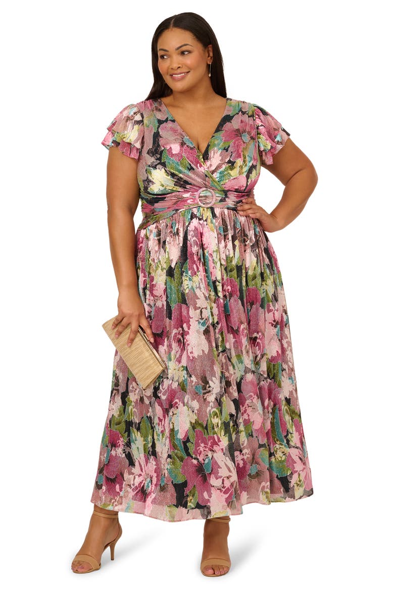 Flutter Sleeve Metallic Floral Maxi Cocktail Dress, Alternate, color, NAVY/ PINK MULTI