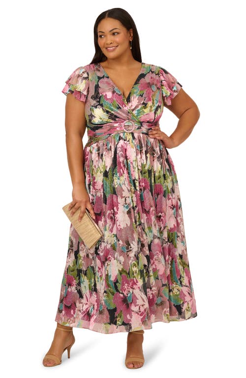 Adrianna Papell Flutter Sleeve Metallic Floral Maxi Cocktail Dress In Pink