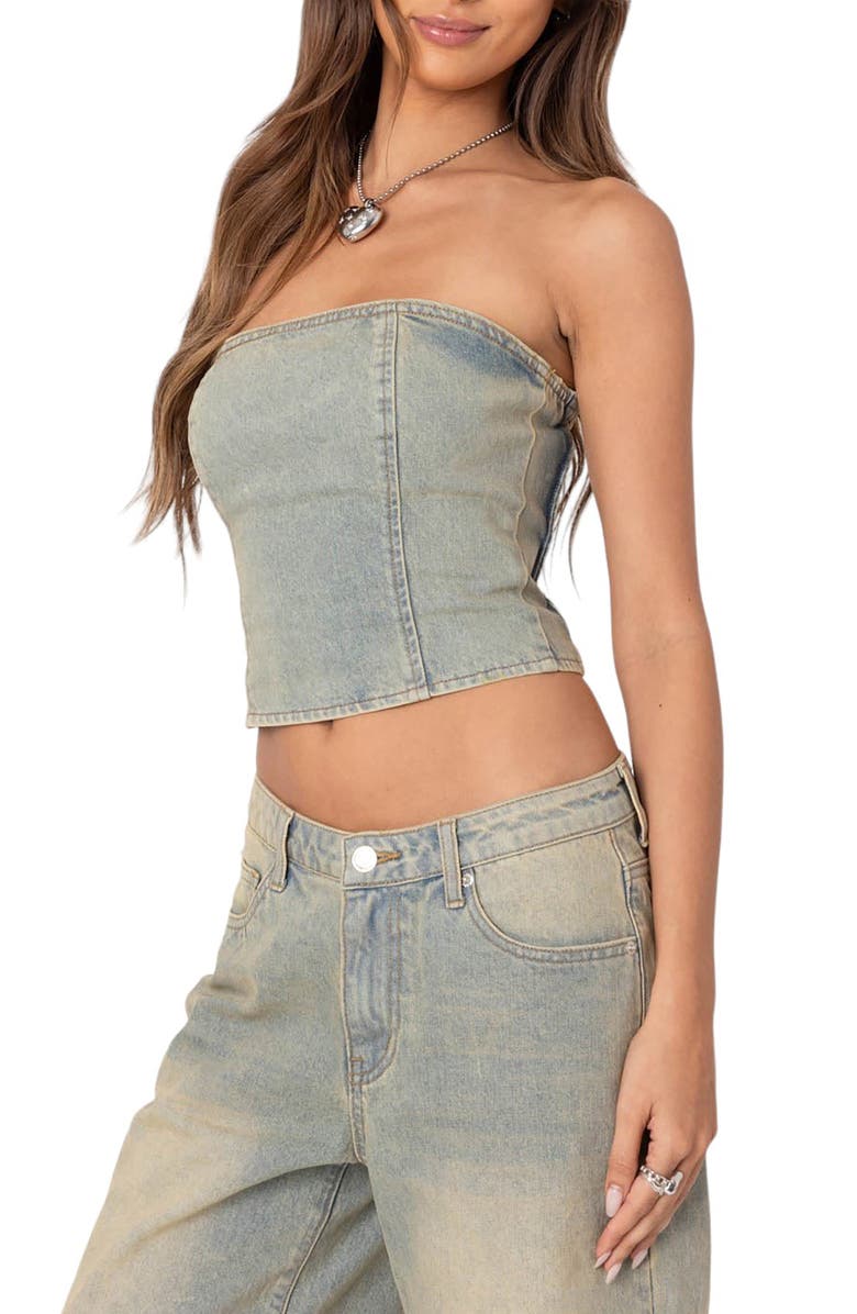 EDIKTED Shira Cotton Denim Sleeveless Crop Top, Alternate, color, 