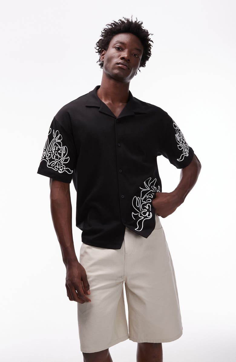 Topman Embroidered Oversize Cotton Jersey Camp Shirt, Main, color, Black