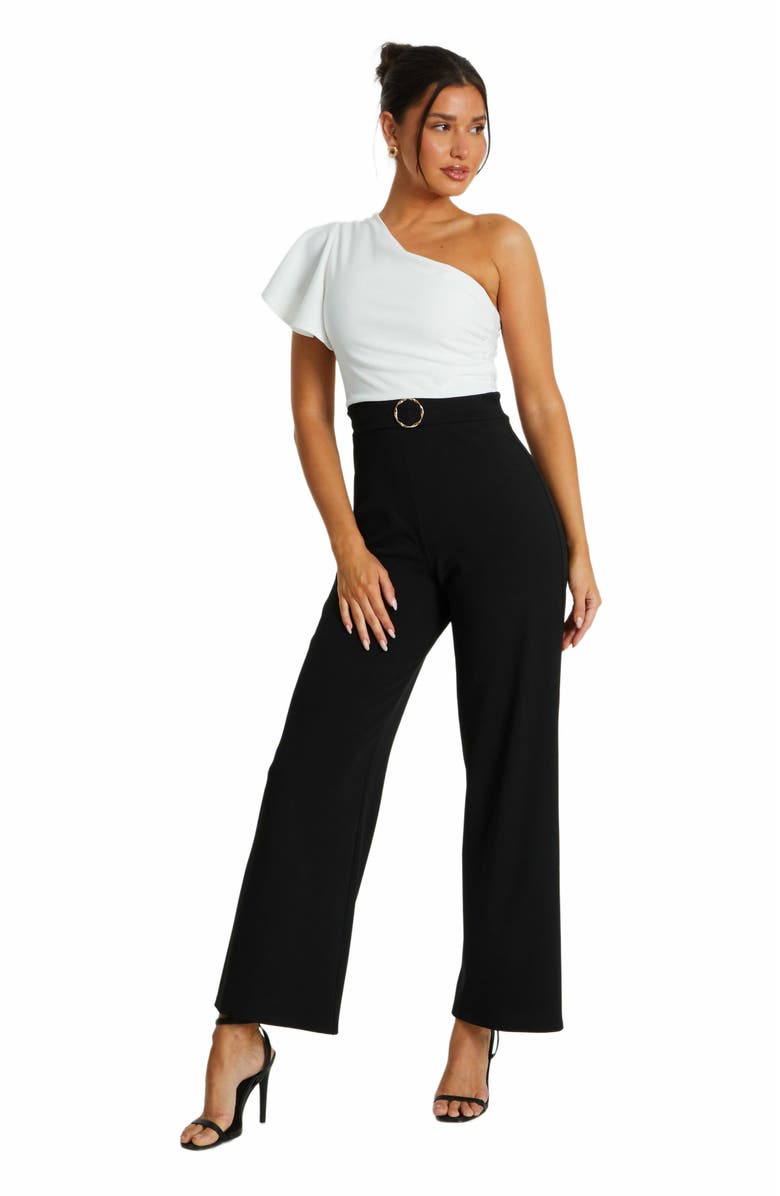 QUIZ Black & White Scuba Crepe One Shoulder Jumpsuit, Main, color, 