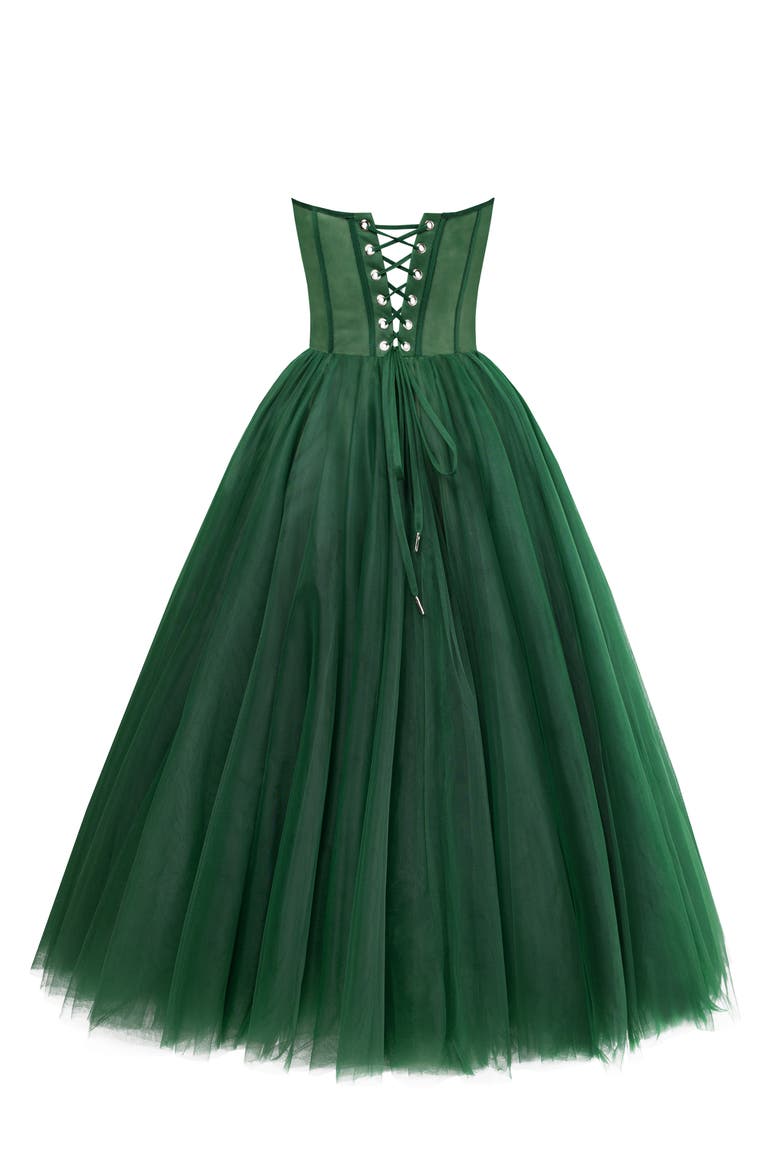 Strapless Puffy Tulle Midi Formal Occasion Dress in Emerald Green, Alternate, color, Emerald Green