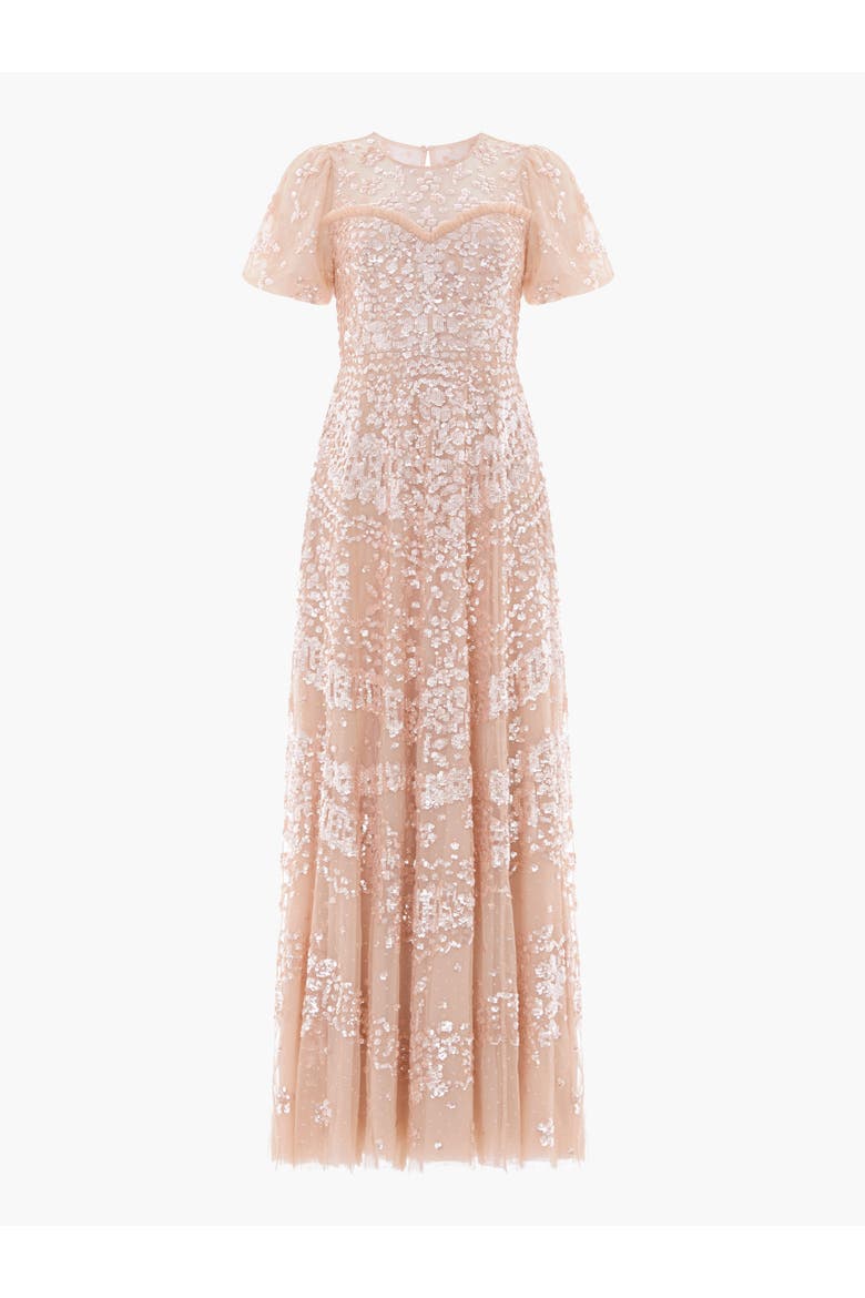 Anais Sequin Short Sleeve Gown, Alternate, color, Biscuit