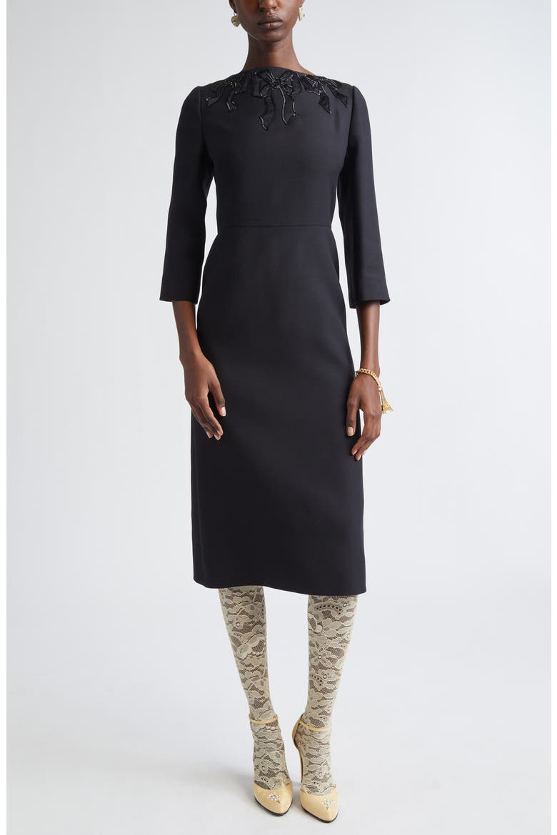 Beaded Bow Detail Crepe Couture Sheath Dress, Main, color, BLACK
