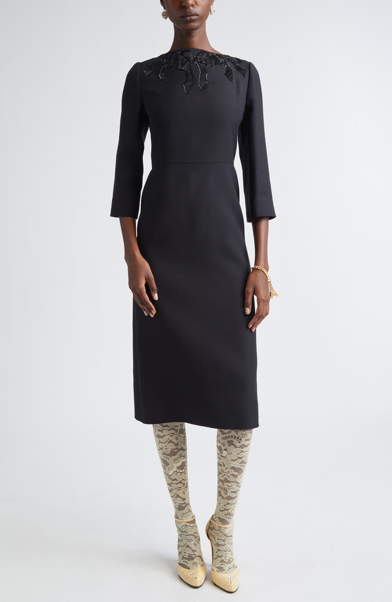 Valentino Beaded Bow Detail Crepe Couture Sheath Dress, Main, color, Black