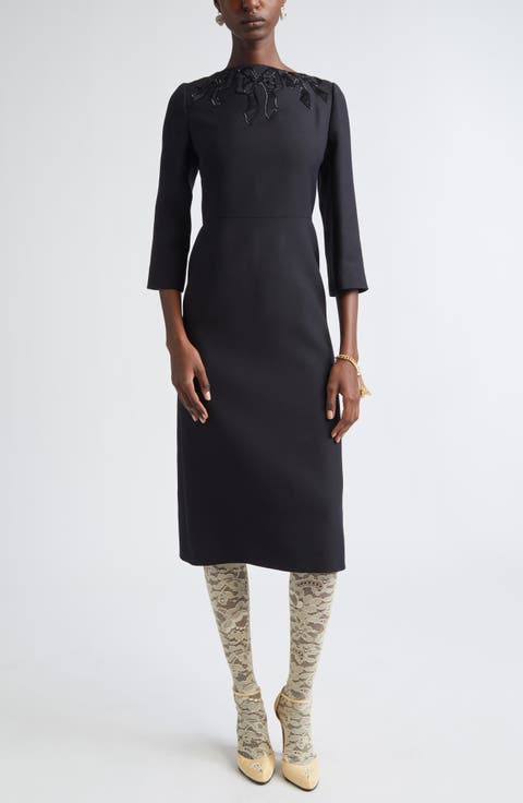 Beaded Bow Detail Crepe Couture Sheath Dress