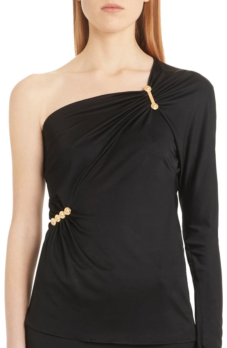 Versace Safety Pin Detail One-Shoulder Top, Alternate, color, 