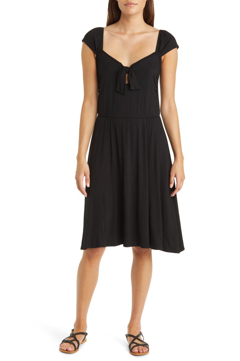 Tie Front Cap Sleeve A-Line Dress, Main, color, BLACK