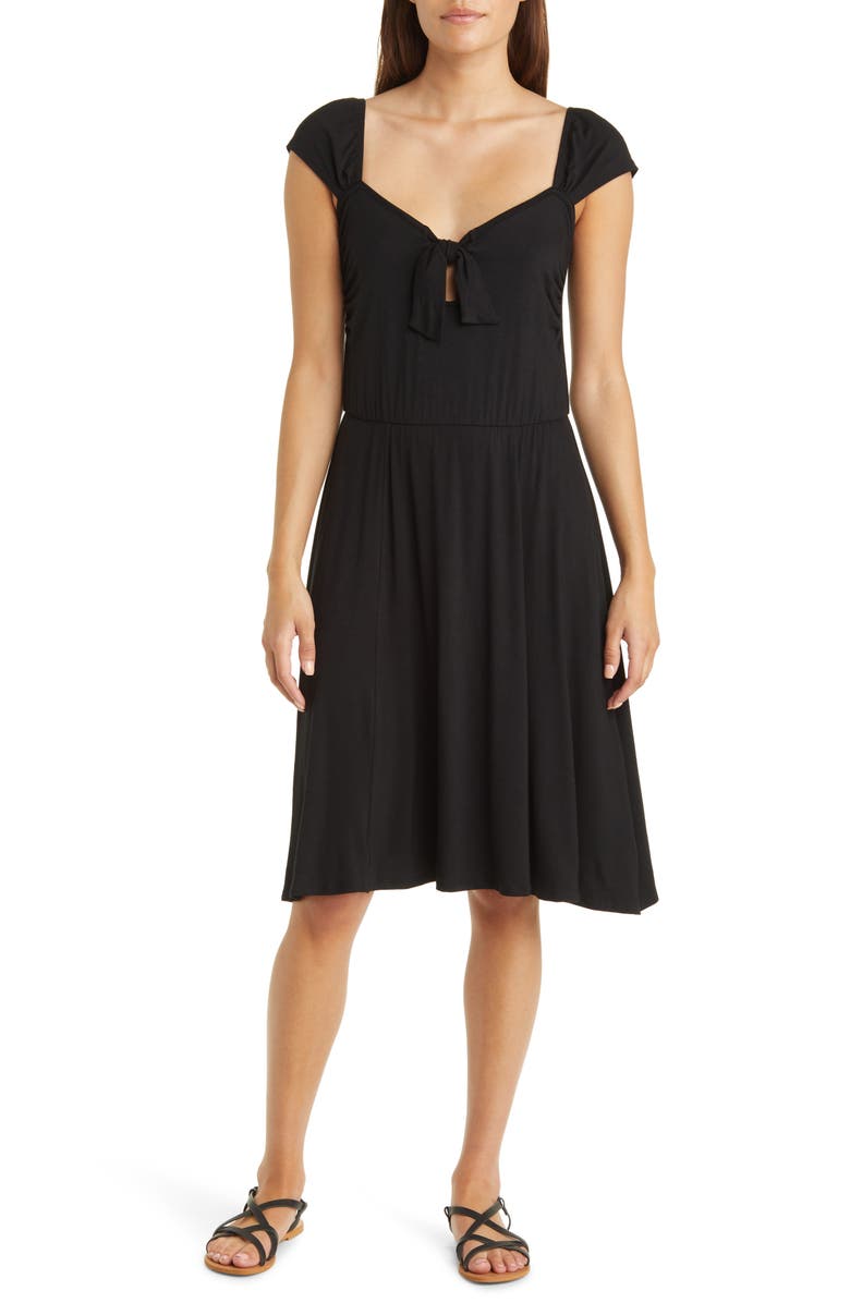Loveappella Tie Front Cap Sleeve A-Line Dress, Main, color, Black