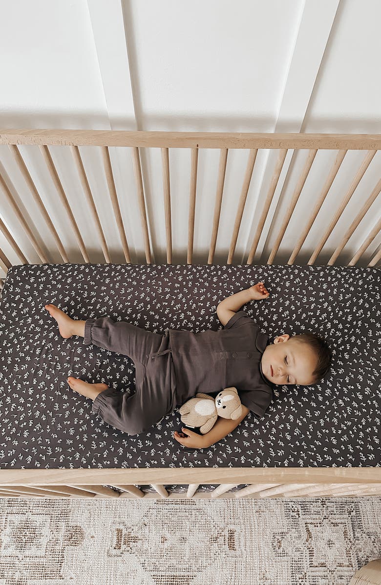 L'ovedbaby Branch Print Fitted Organic Cotton Crib Sheet, Alternate, color, Dusk Leaves