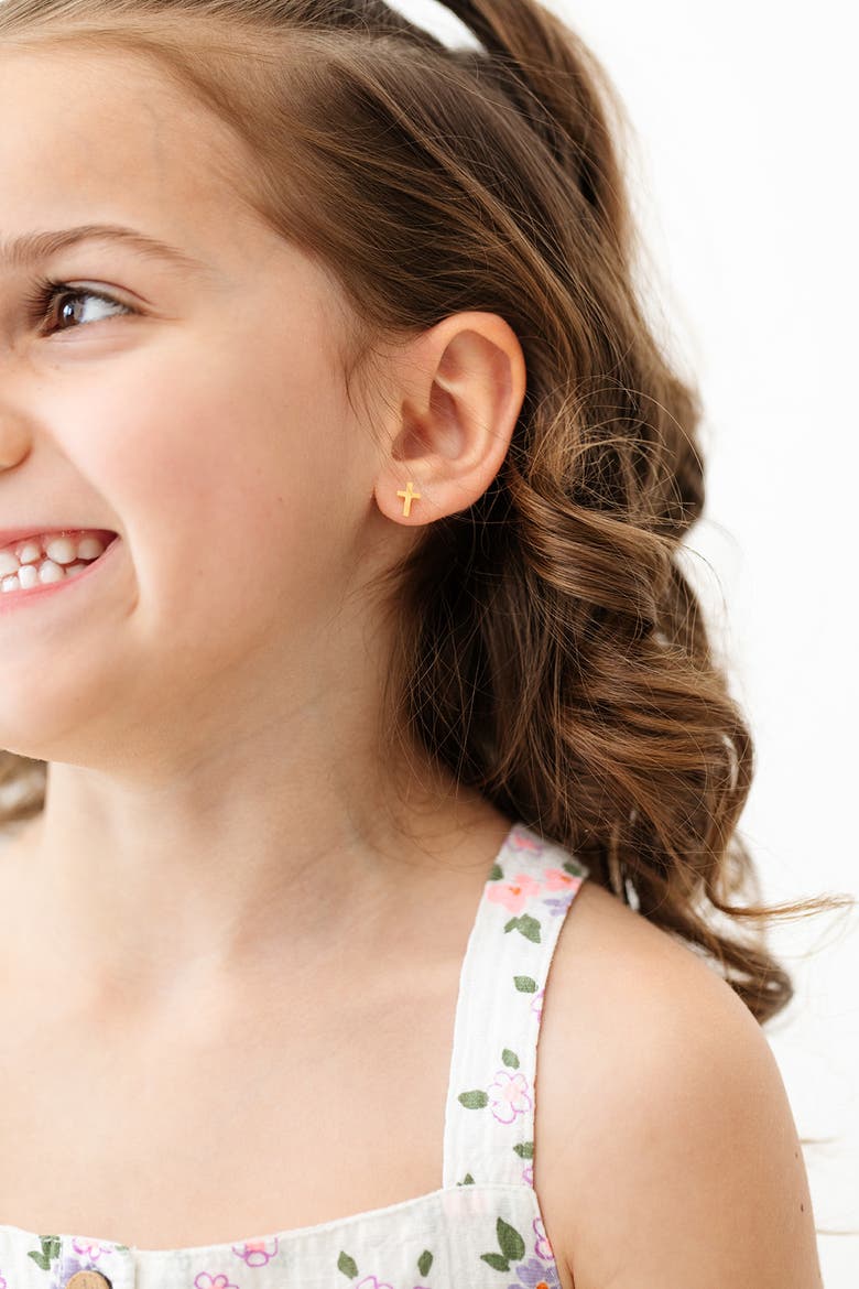 Kids' Cross Hypoallergenic Flatback Stud Earrings, Alternate, color, Gold